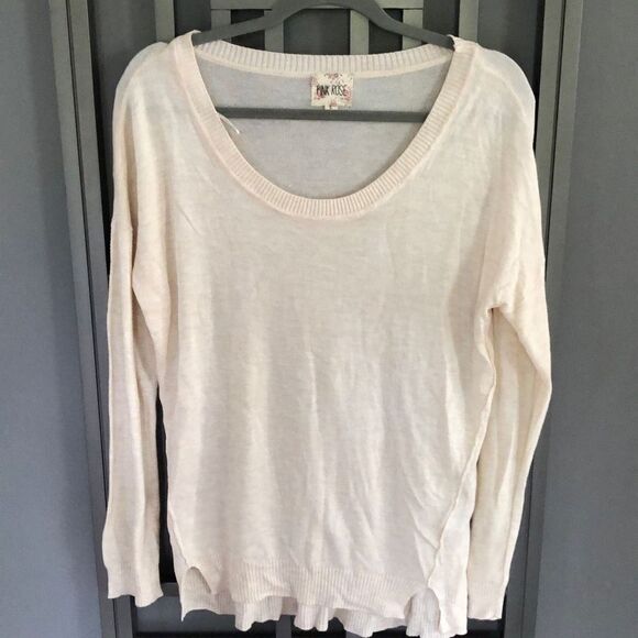 Pink Rose Oatmeal colored cream lightweight ￼ Sweater size L scoop neckribbed sl - Picture 1 of 4